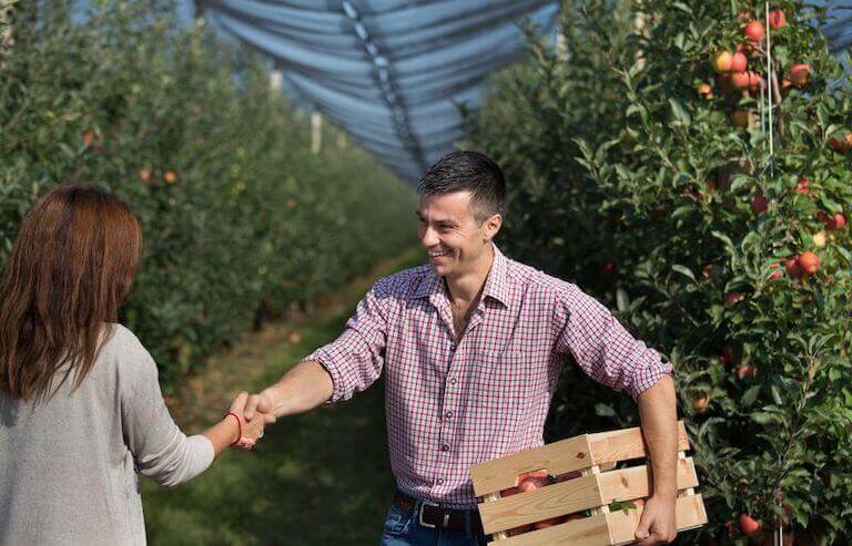 Farmer holding a crate of apples while shaking hands with a visitor in an orchard.