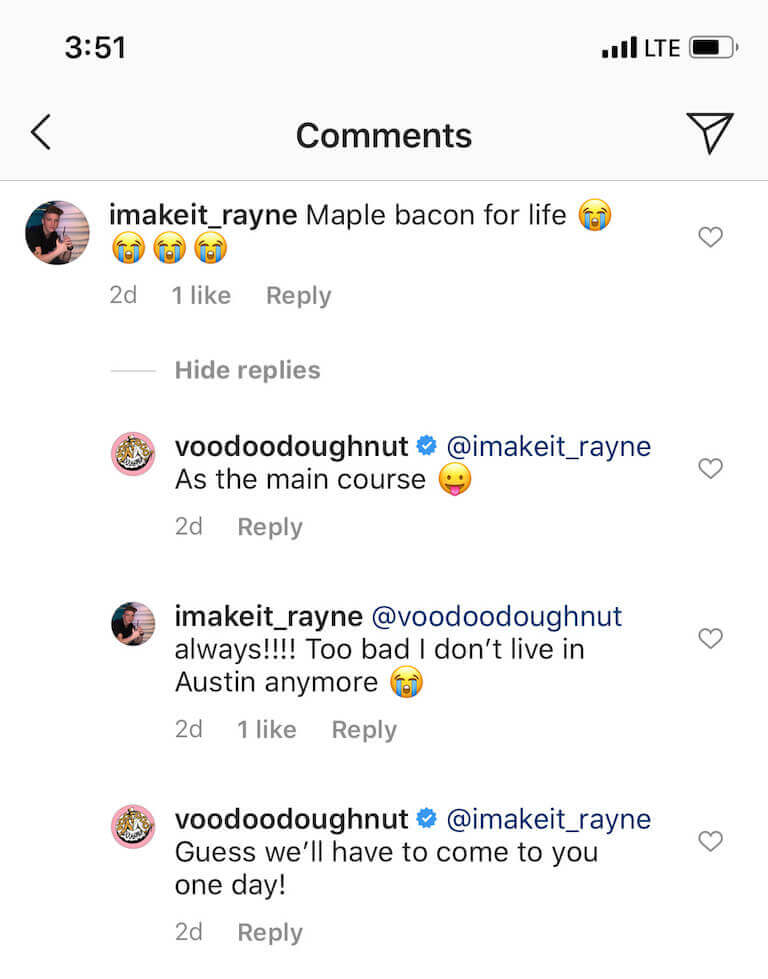 Screenshot of a lighthearted Instagram conversation between a restaurant and a customer.