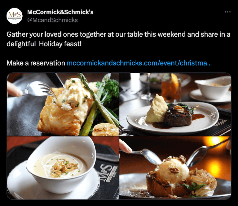Screenshot of an X post depicting several close-up photos of artfully plated food—a filet of fish with asparagus, a steak with mashed potatoes, cream soup in a white bowl, and a dessert tart topped with ice cream and nuts.