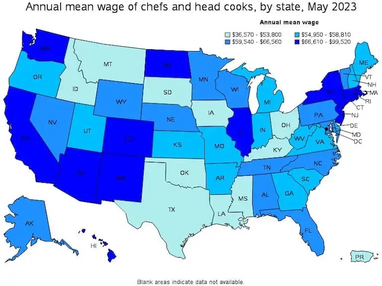 Annual mean wage of chefs and head cooks, by state